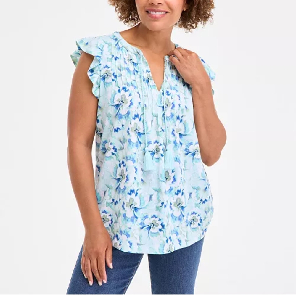 Style & Co. Floral Ruffle Sleeve Blouse - Light Blue Cotton Women's Size Large